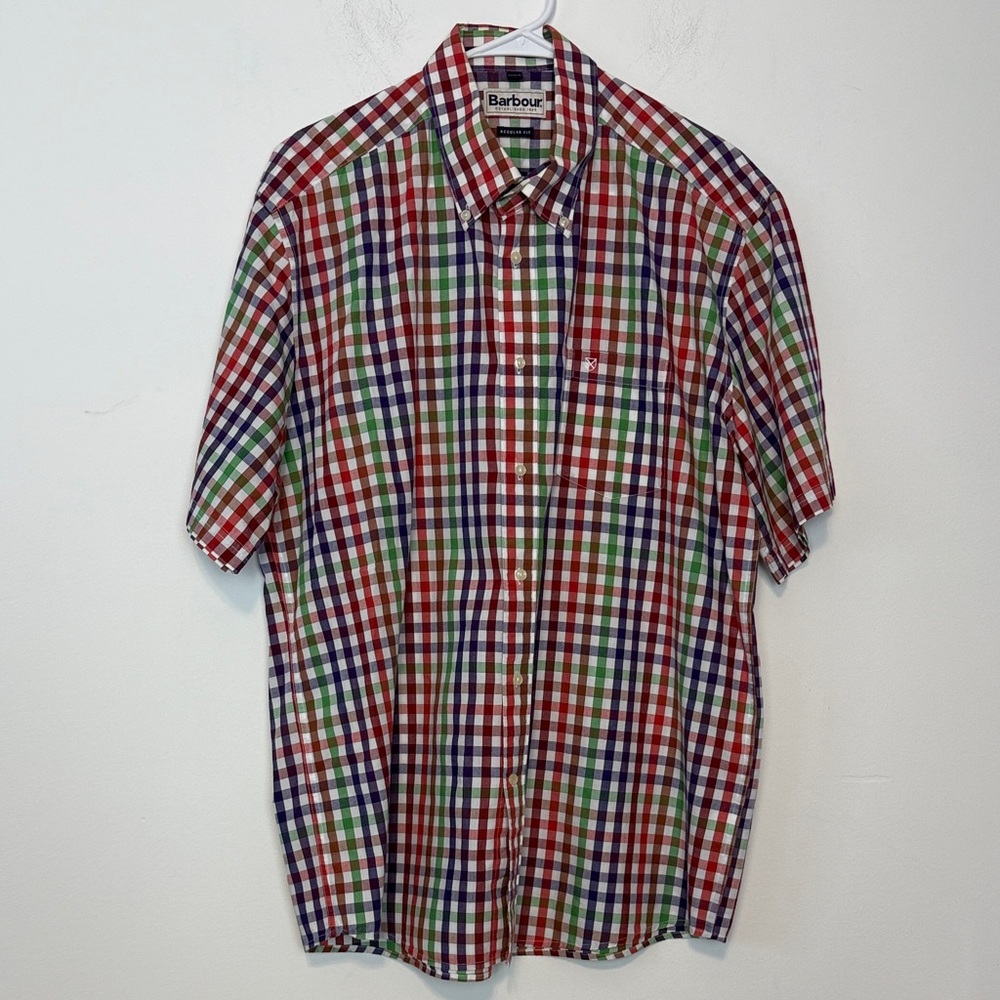 Barbour Men’s Short Sleeve Button Down Multi Colored Checkered Shirt. Size Large